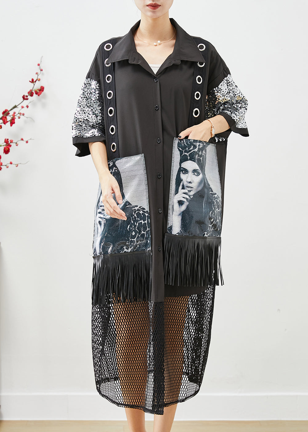 Black Sequins Patchwork Hollow Out Tasseled Maxi Dresses Fall