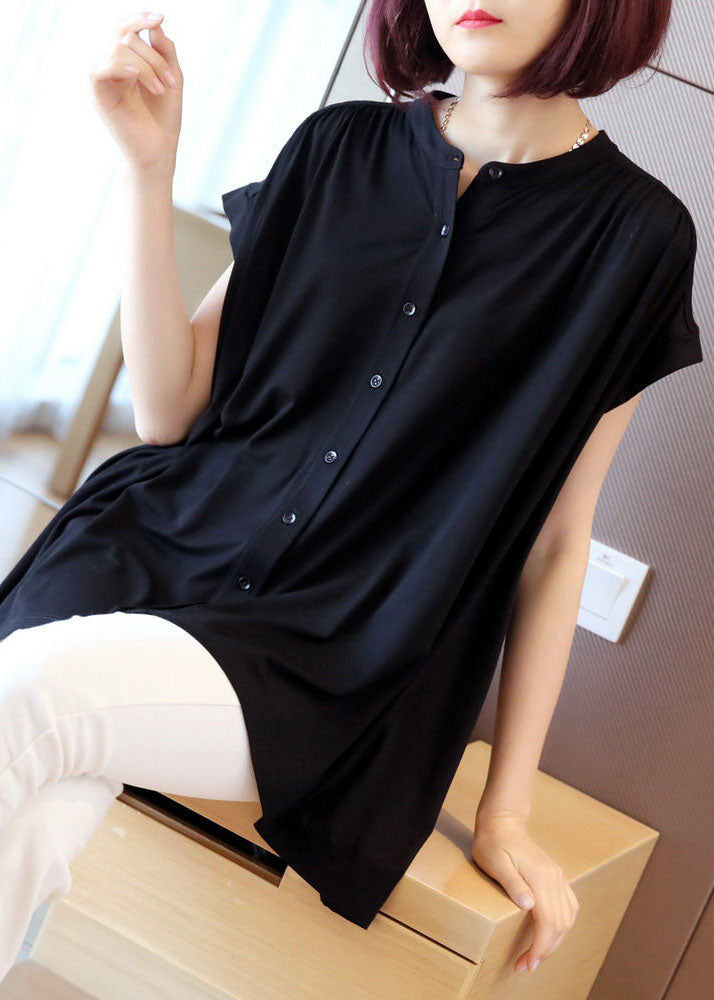 Black Stand Collar Oversized Button Cotton Shirt Short Sleeve