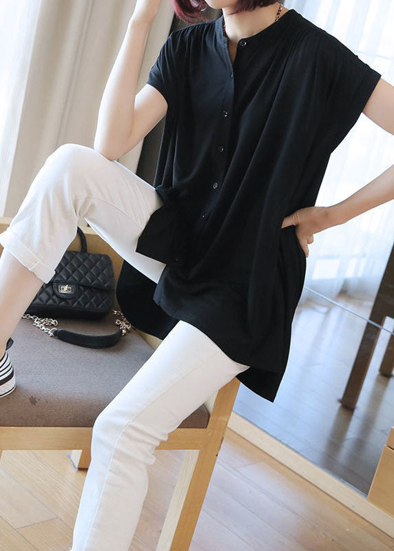 Black Stand Collar Oversized Button Cotton Shirt Short Sleeve
