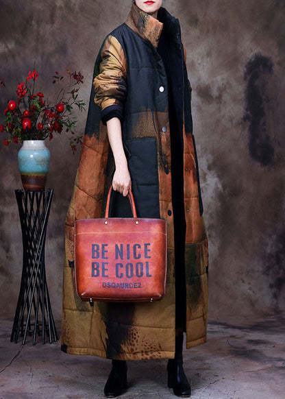 Black Stand Collar Print Woolen Parka Winter