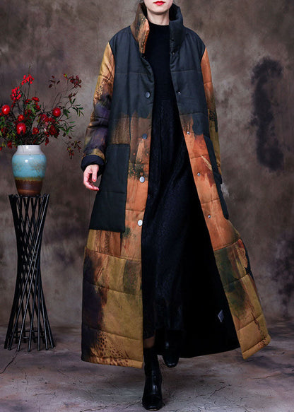Black Stand Collar Print Woolen Parka Winter