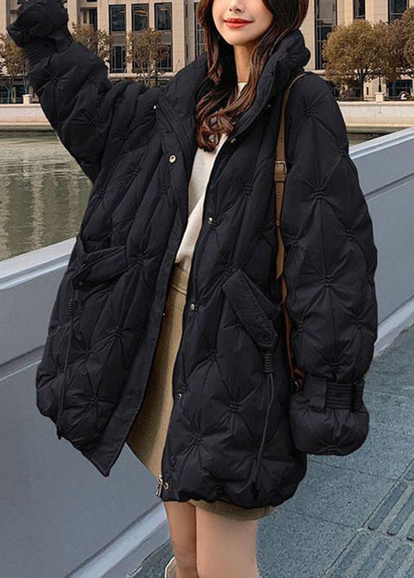 Black Stand Collar Zip Up Embroideried Duck Down Jackets Winter