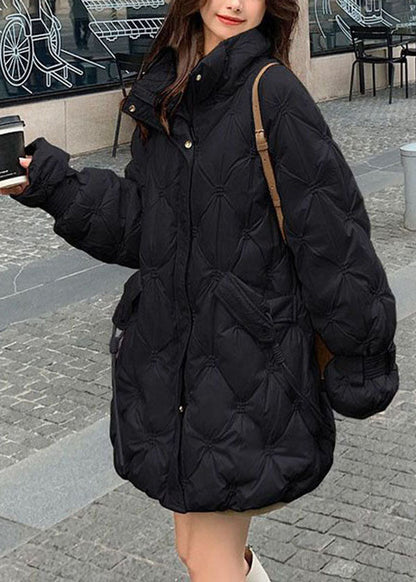Black Stand Collar Zip Up Embroideried Duck Down Jackets Winter