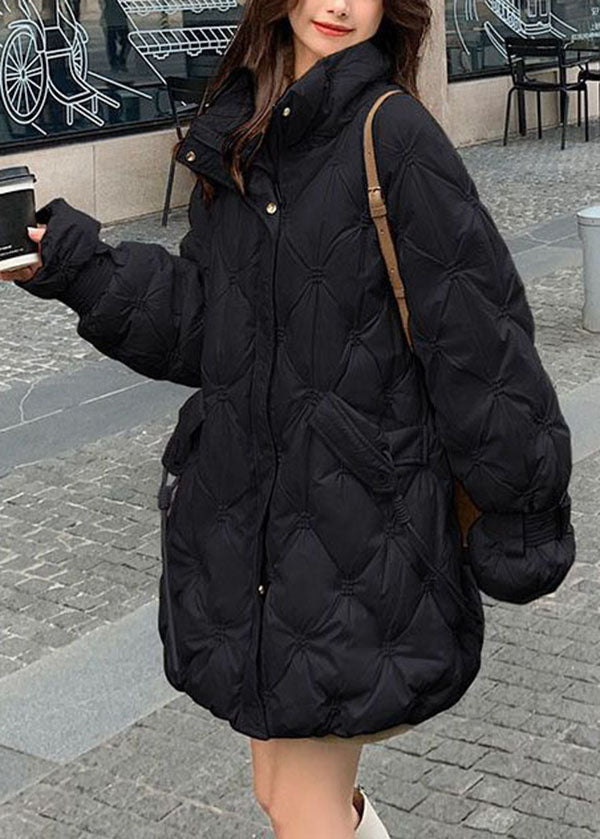 Black Stand Collar Zip Up Embroideried Duck Down Jackets Winter