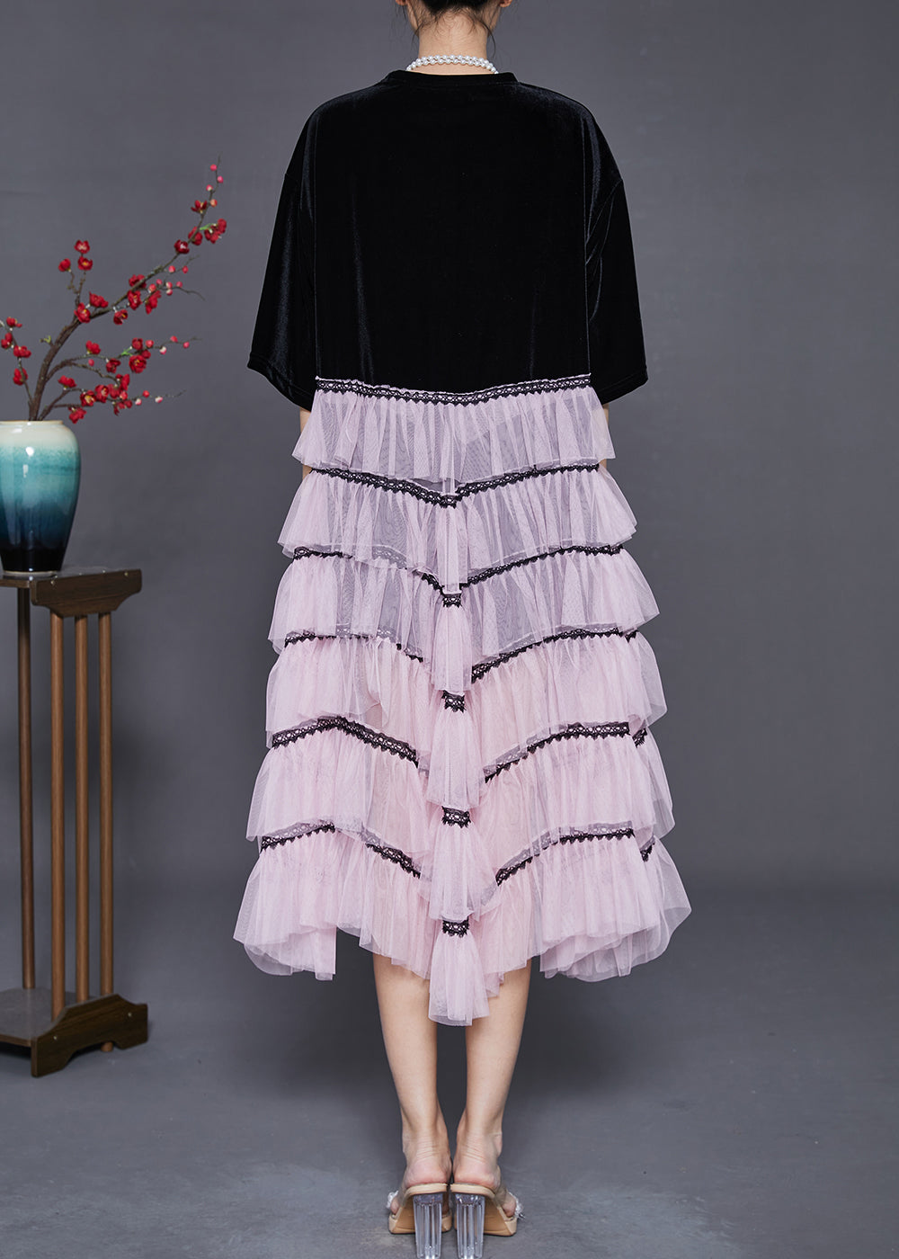 Black Tasseled Patchwork Chinese Button Tulle Dress Summer