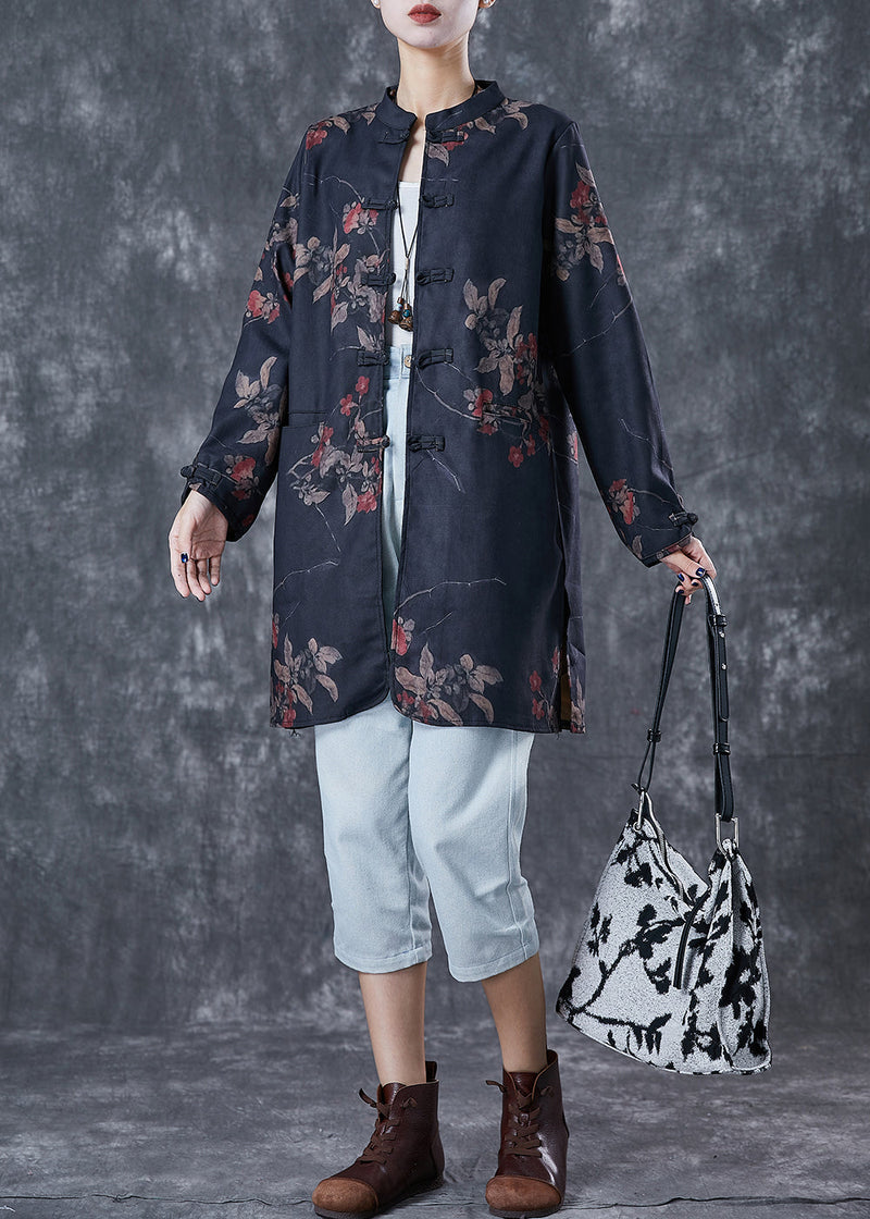 Black Tie Dye Chinese Button Linen Blouses Fall