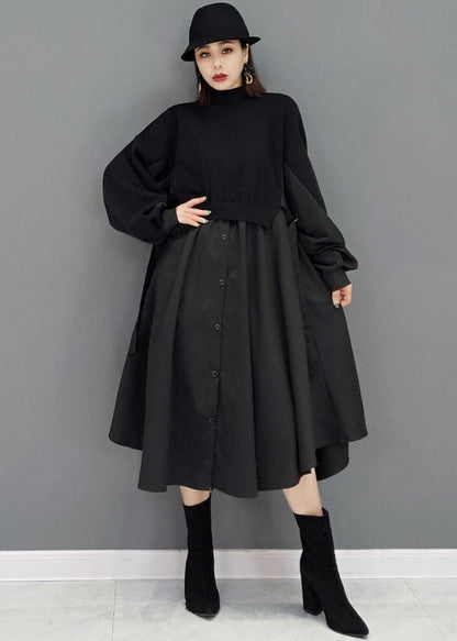 Black Turtle Neck Patchwork Cotton Vacation Dresses Long Sleeve