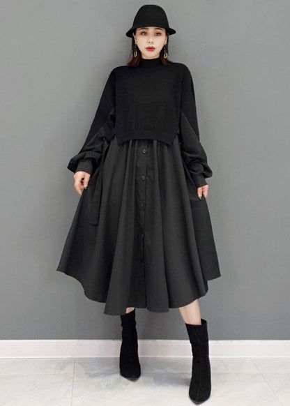 Black Turtle Neck Patchwork Cotton Vacation Dresses Long Sleeve