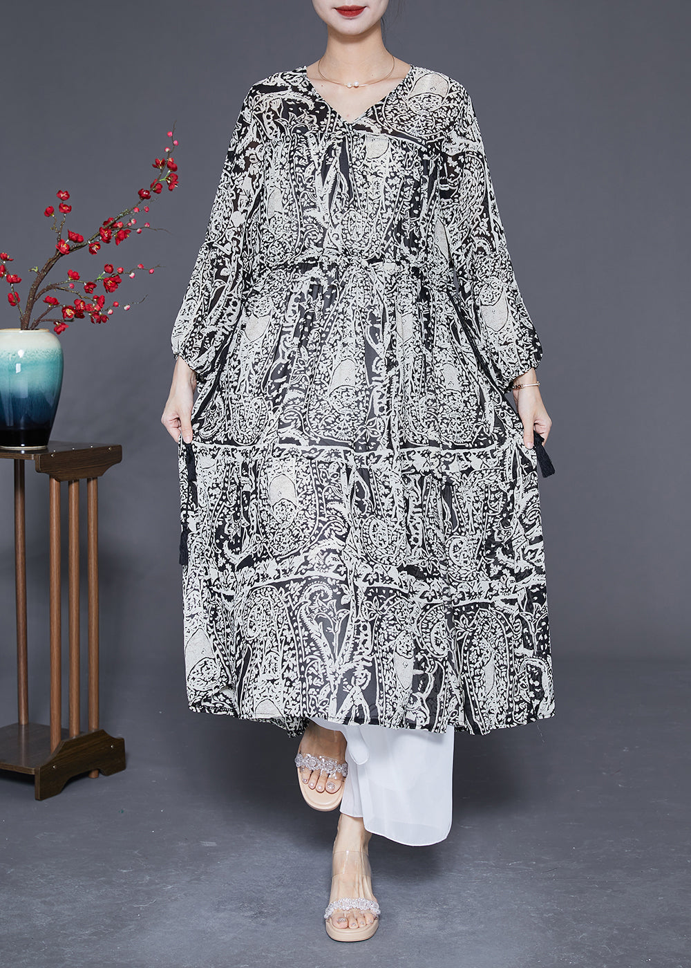 Black V Neck Cinched Print Chiffon Long Dress Spring