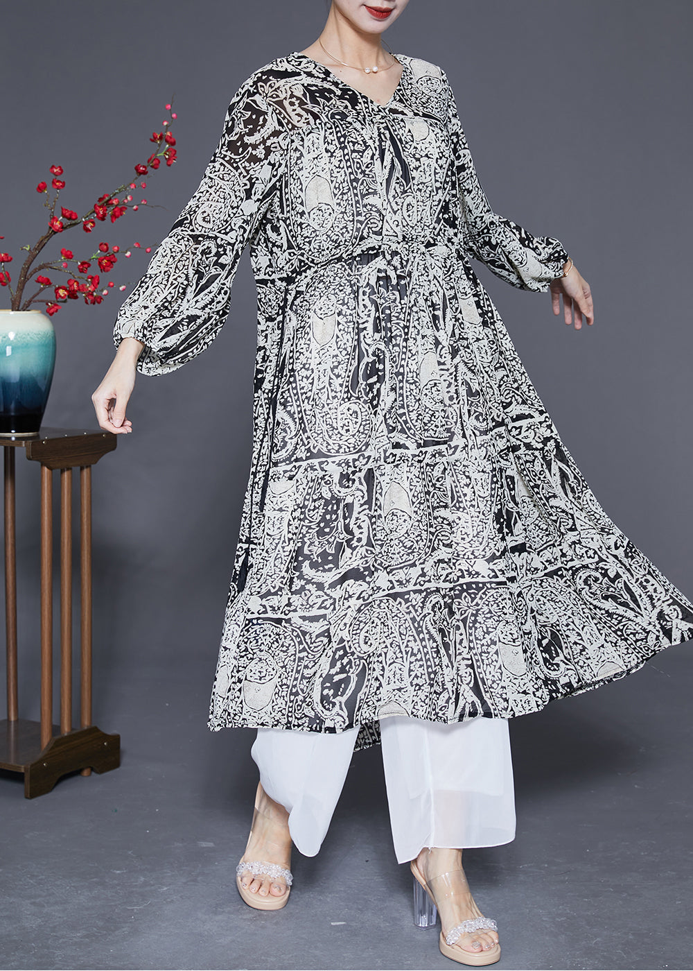 Black V Neck Cinched Print Chiffon Long Dress Spring