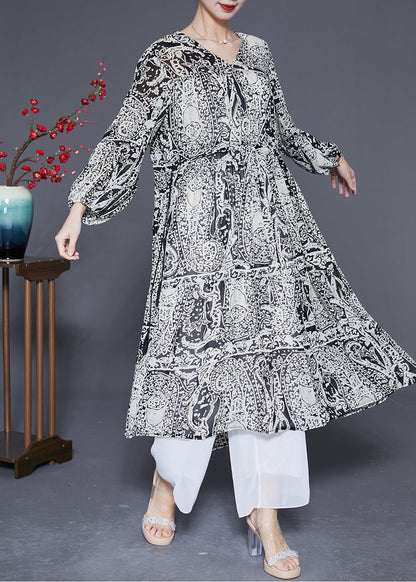 Black V Neck Cinched Print Chiffon Long Dress Spring