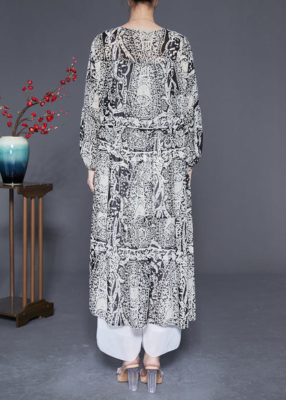 Black V Neck Cinched Print Chiffon Long Dress Spring