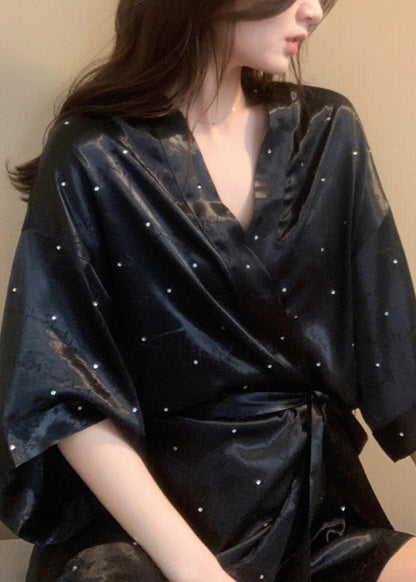 Black V Neck Dot Tie Waist Ice Silk Mid Dress Long Sleeve