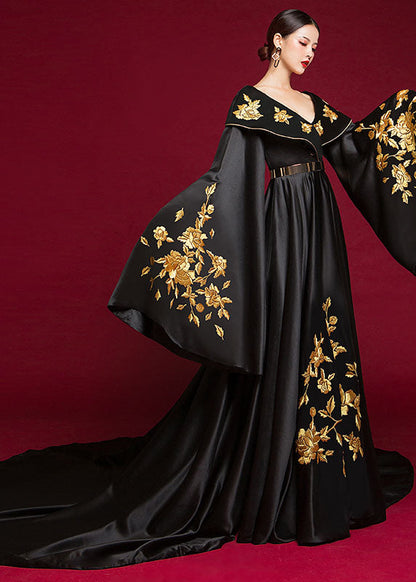 Black V Neck Embroidered Mopping Fishtail Maxi Dresses Long Sleeve