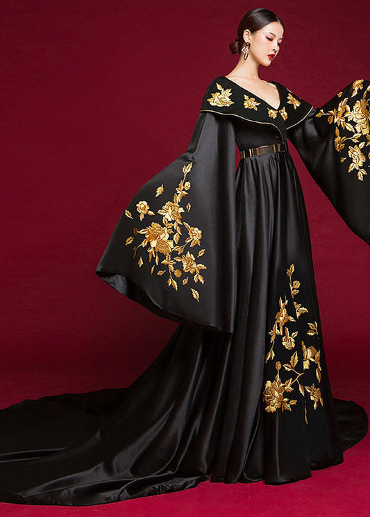 Black V Neck Embroidered Mopping Fishtail Maxi Dresses Long Sleeve