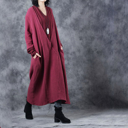 Black V Neck Patchwork Pockets Fall Dresses Long Sleeve