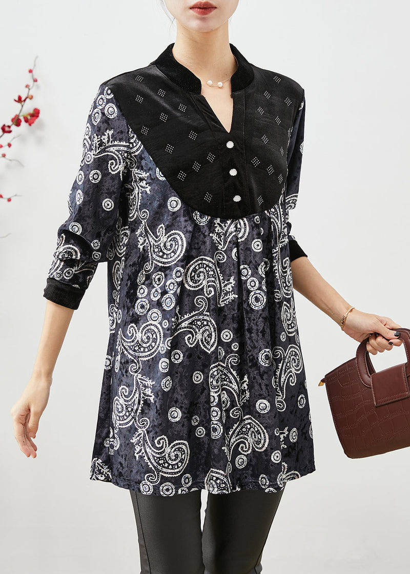 Black V Neck Patchwork Print Silk Velour Long Shirt Fall