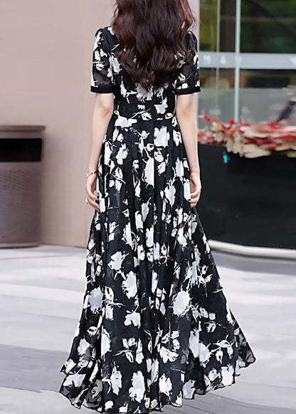 Black V Neck Print Chiffon Long Dress Summer
