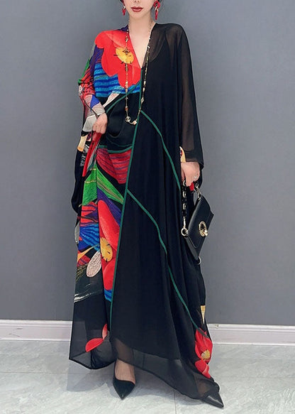 Black V Neck Print Patchwork Chiffon Maxi Dress Summer