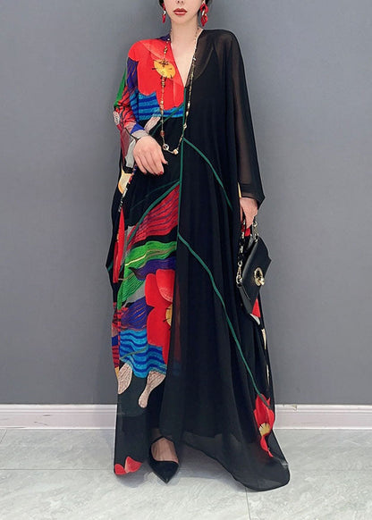 Black V Neck Print Patchwork Chiffon Maxi Dress Summer