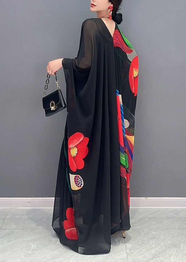Black V Neck Print Patchwork Chiffon Maxi Dress Summer