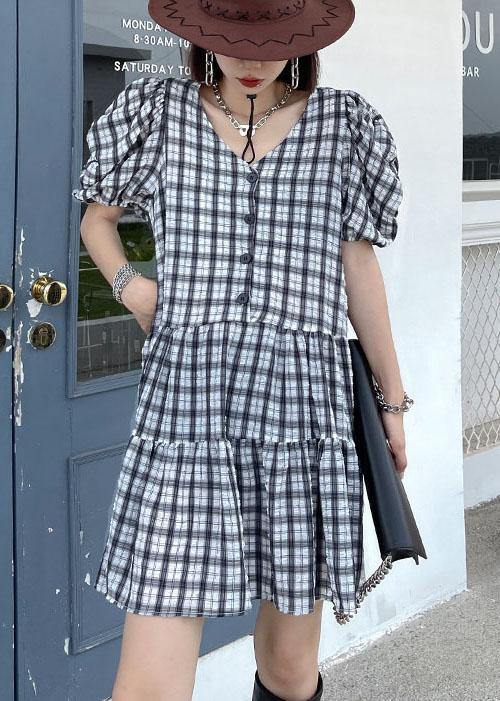 Black White Plaid Patchwork Vacation Dress Summer