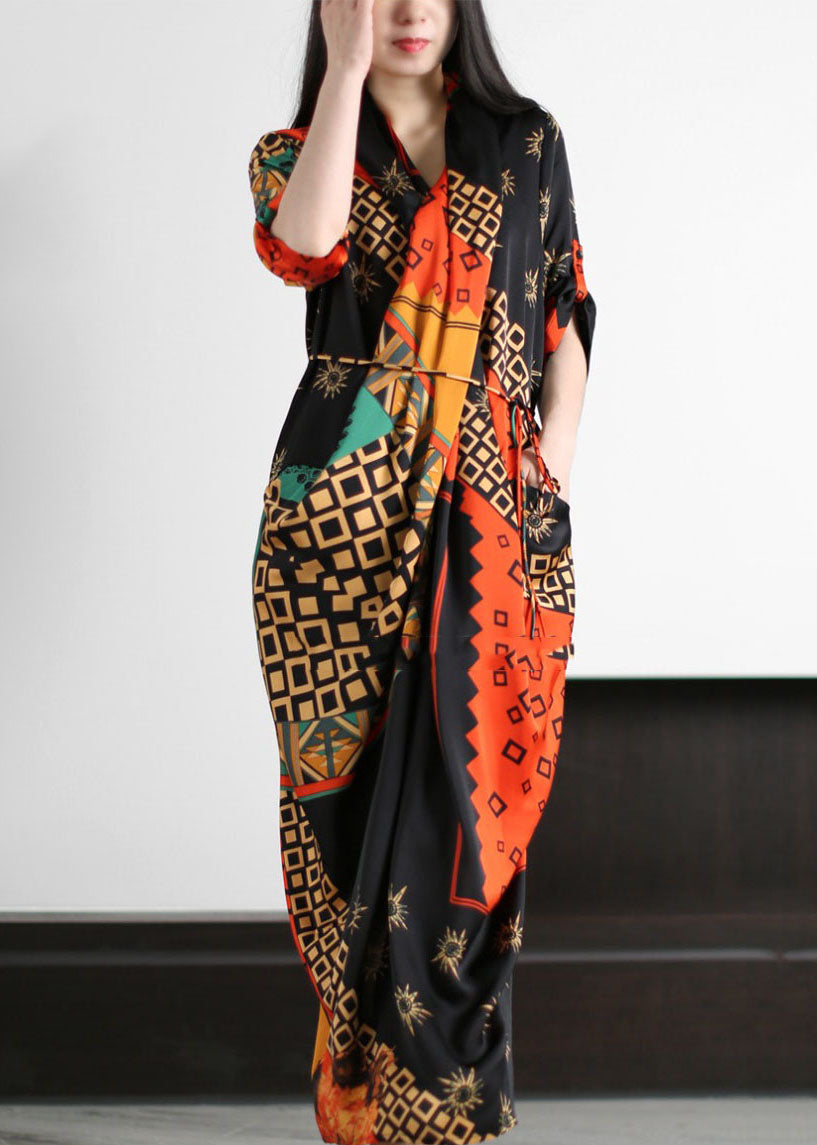 Black Wrinkled Tie Waist Patchwork Silk Long Dresses Summer