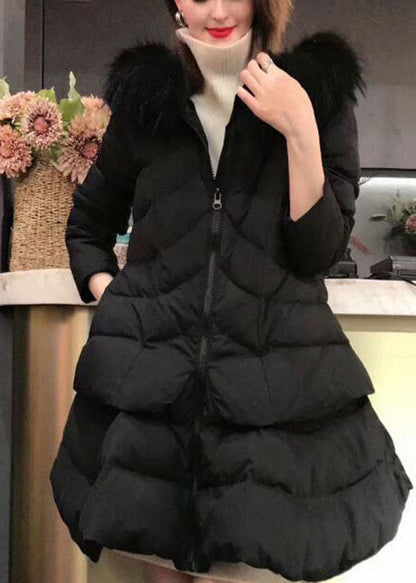 Black Zippered Fox Collar Winter Duck Down Winter Coats