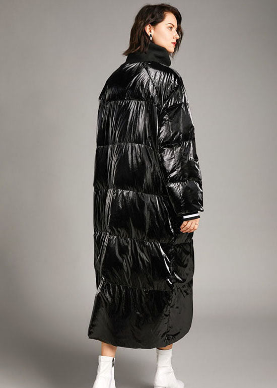 Black Zippered Pockets Long Winter Duck Down Coat