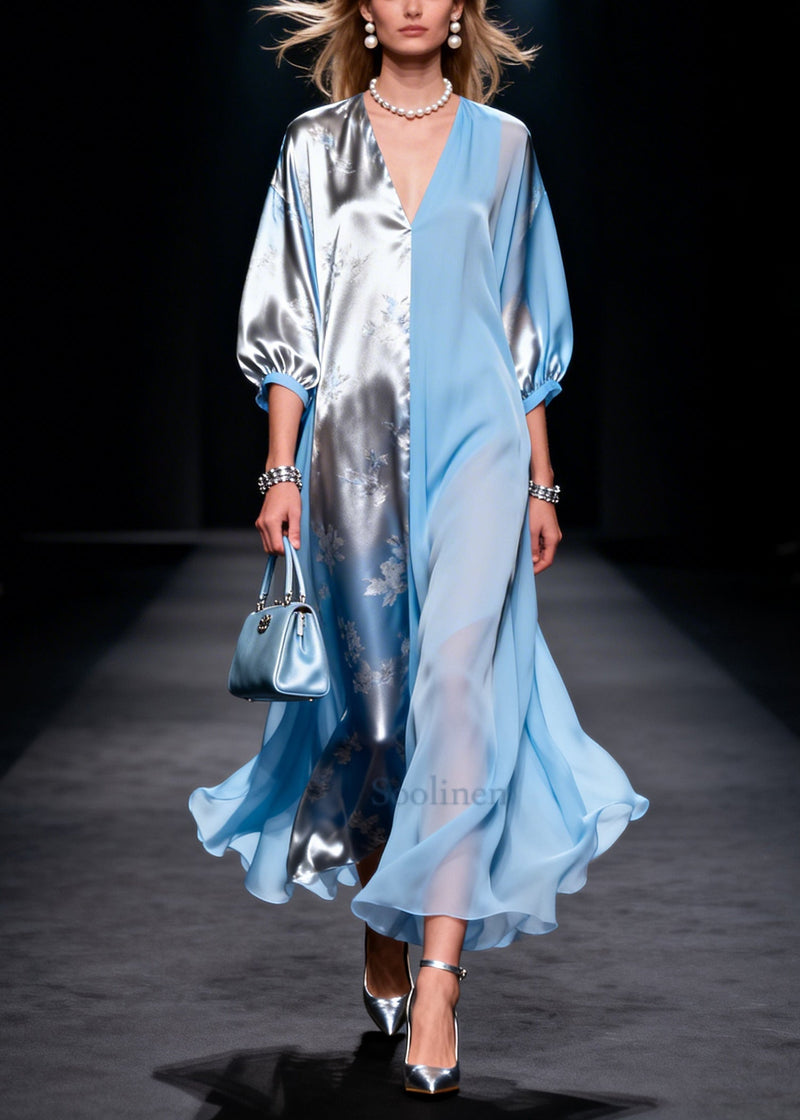 Blue Asymmetrical Patchwork Silk Long Dresses Summer
