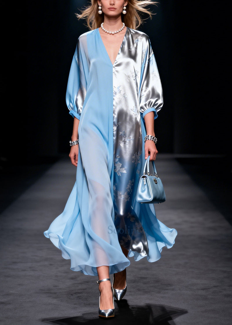 Blue Asymmetrical Patchwork Silk Long Dresses Summer