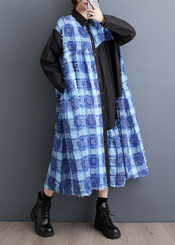 Blue Asymmetrical Tulle Patchwork Button Maxi Shirts Dress Fall
