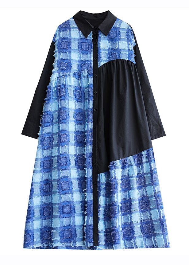 Blue Asymmetrical Tulle Patchwork Button Maxi Shirts Dress Fall