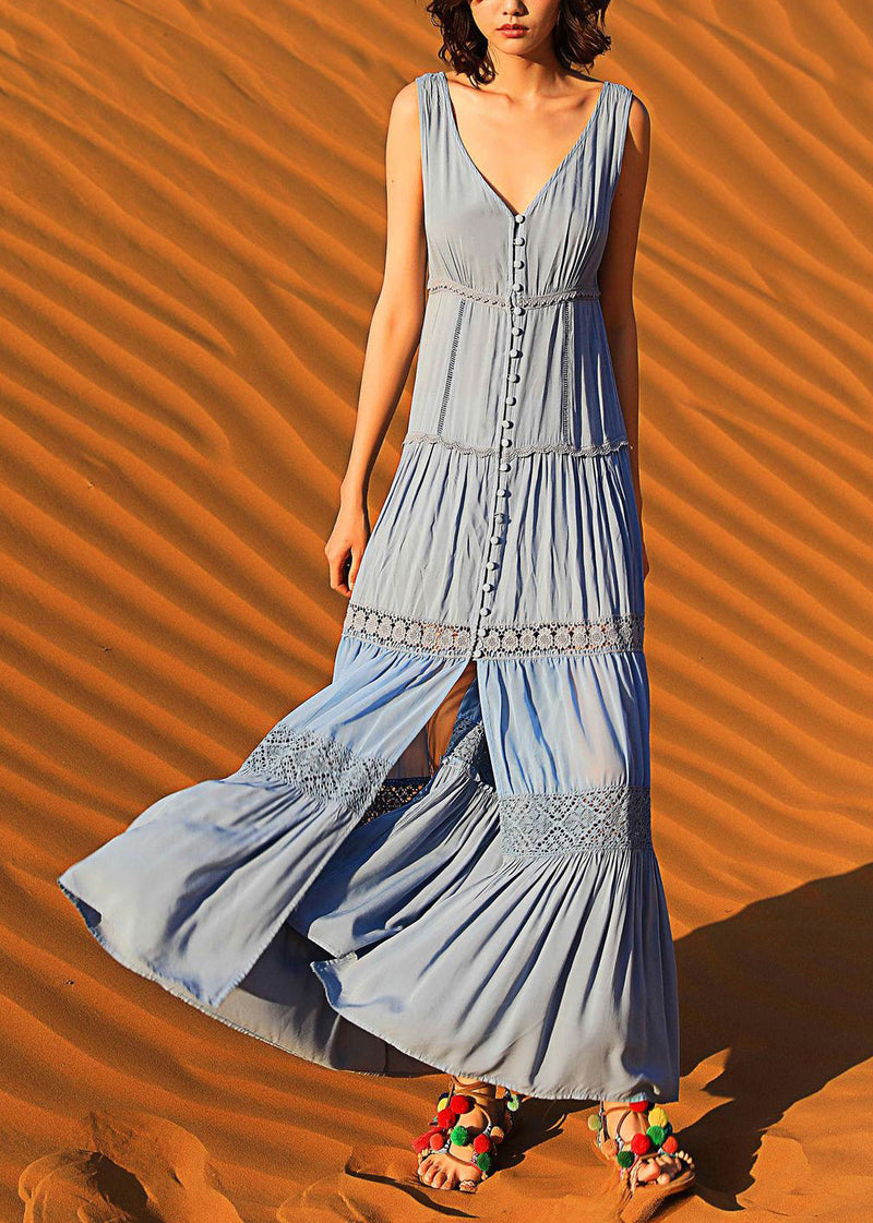 Blue Button Hollow Out Cotton Long Dress Sleeveless