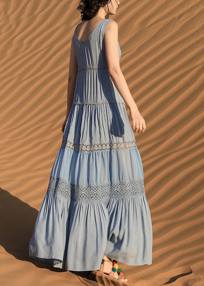 Blue Button Hollow Out Cotton Long Dress Sleeveless