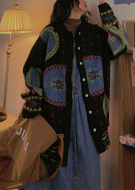 Blue Retro Button Print Fall Knit Sweater Coat