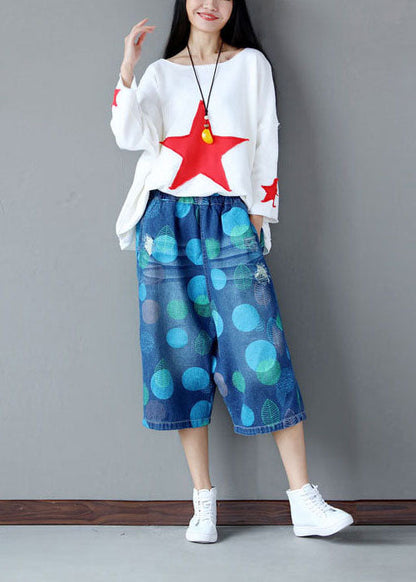 Blue Elastic Waist Dot Print Cotton Wide Leg Crop Pants Summer