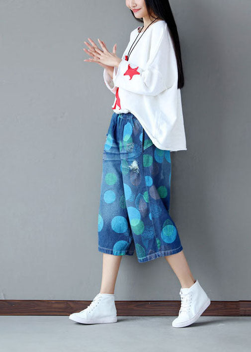 Blue Elastic Waist Dot Print Cotton Wide Leg Crop Pants Summer