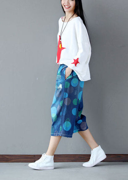 Blue Elastic Waist Dot Print Cotton Wide Leg Crop Pants Summer