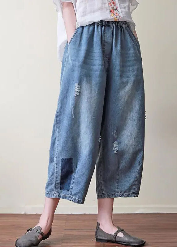 Blue Elastic Waist Pockets Patchwork Applique Hole Cotton Crop Pants Summer
