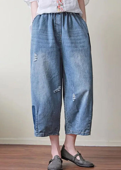 Blue Elastic Waist Pockets Patchwork Applique Hole Cotton Crop Pants Summer