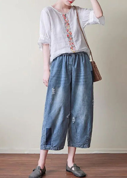 Blue Elastic Waist Pockets Patchwork Applique Hole Cotton Crop Pants Summer