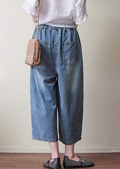 Blue Elastic Waist Pockets Patchwork Applique Hole Cotton Crop Pants Summer