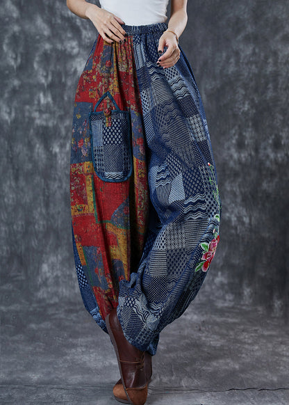 Blue Embroidered Print Cotton Pants Summer