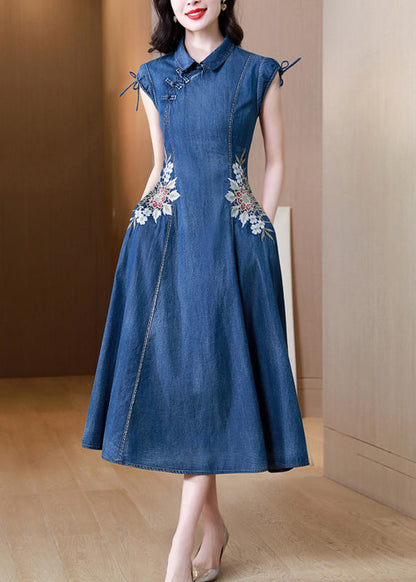 Blue Embroidered Pockets Patchwork Denim Dresses Summer