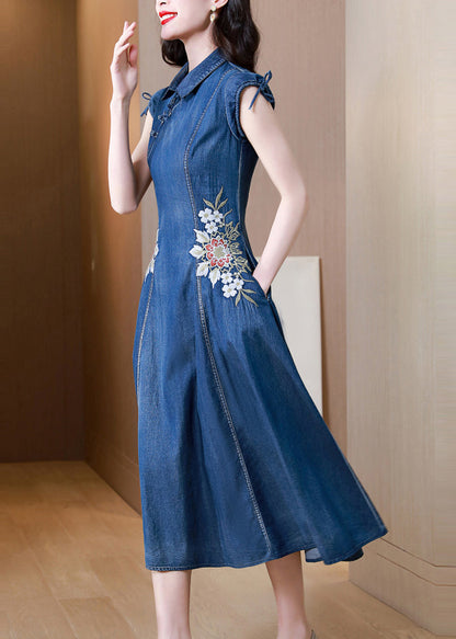 Blue Embroidered Pockets Patchwork Denim Dresses Summer