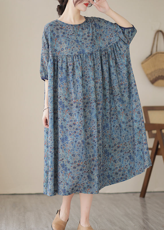 Blue Grey Oversized Print Linen Maxi Dresses Summer