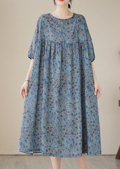 Blue Grey Oversized Print Linen Maxi Dresses Summer