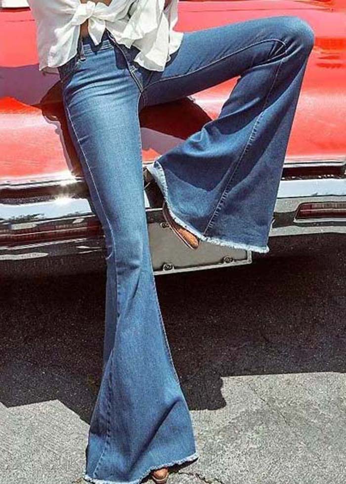 Blue High Waist Slim Fit Denim Flared Trousers Summer