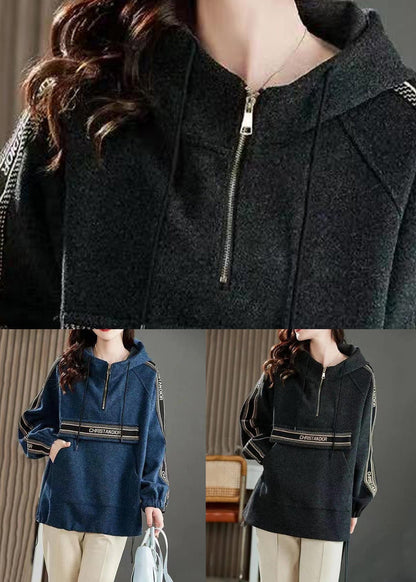 Boho Blue Hooded Pockets Patchwork Cotton Sweatshirts Long Sleeve